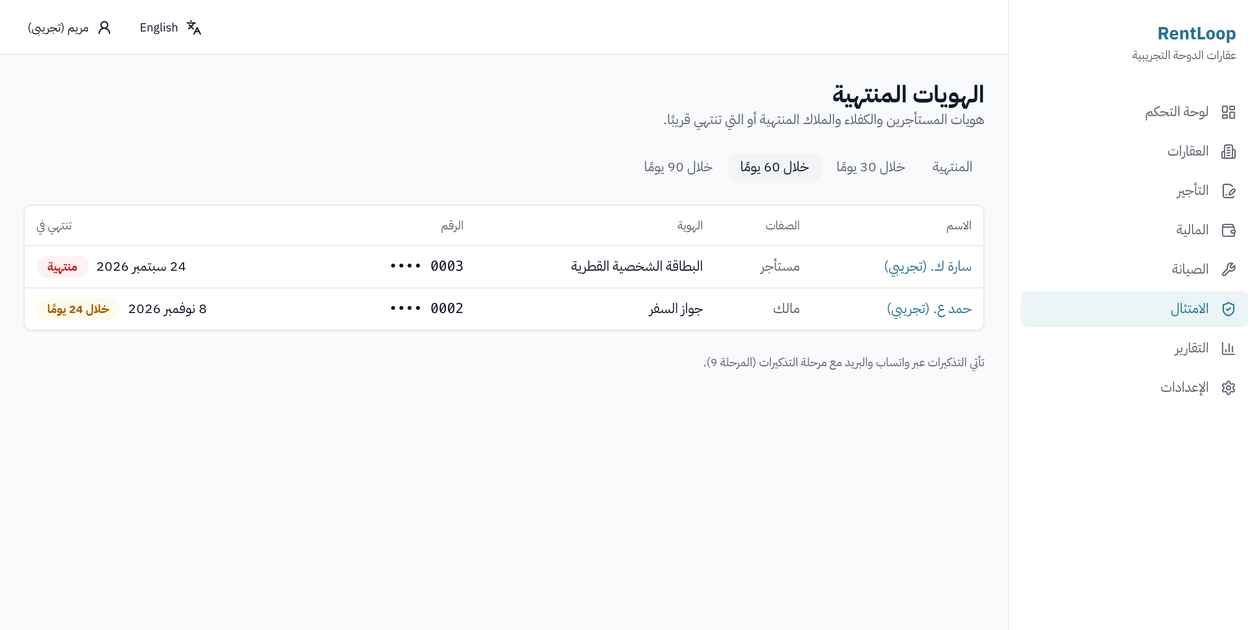 قائمة RentLoop بهويات المستأجرين والملّاك التي ستنتهي قريبًا، مع تاريخ الانتهاء والحالة. بيانات تجريبية.